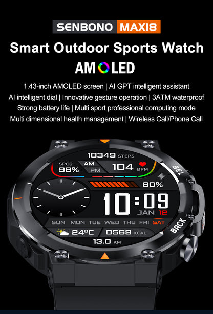 SENBONO 2024 MAX18 Men Smartwatch AMOLED1.43inch 466*466 HD Big Screen BT Calls Gesture Control AI Voice Sports Smart Watch Men