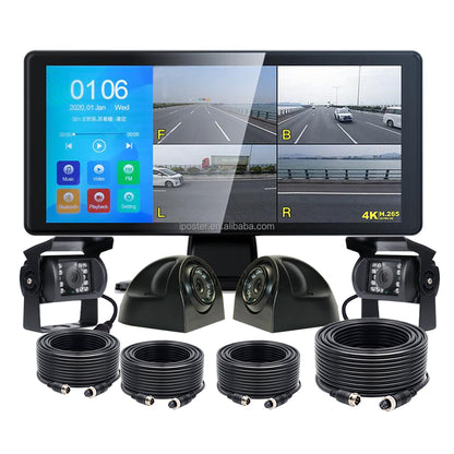 IPoster 10.36in 1080P Touch Screen Quad Split DVR AHD IPS Monitor Waterproof with MP5 BT CCD Front Side Reverse Camera Kit