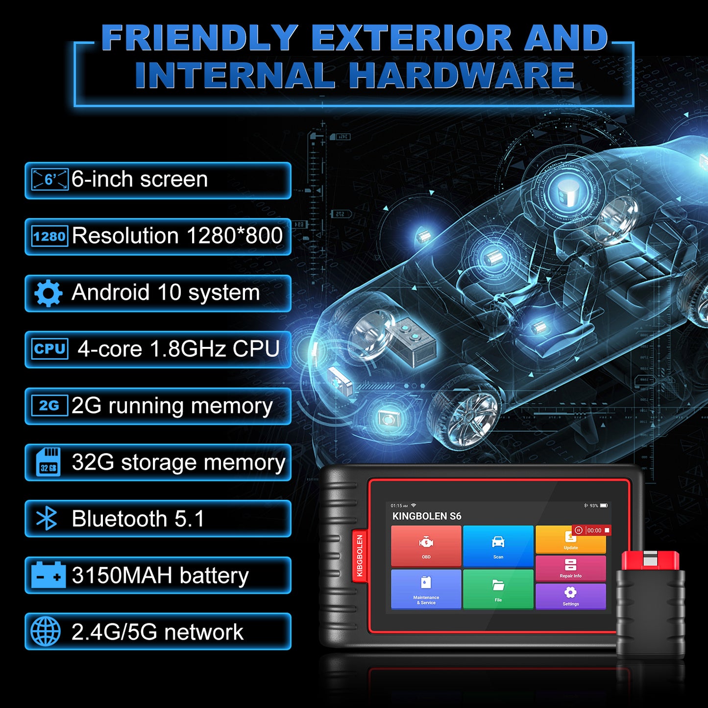 Kingbolen S6 Automotive OBD2 Diagnostic Scanner With 28 Resets Full System Car Code Reader PK ThinkTool