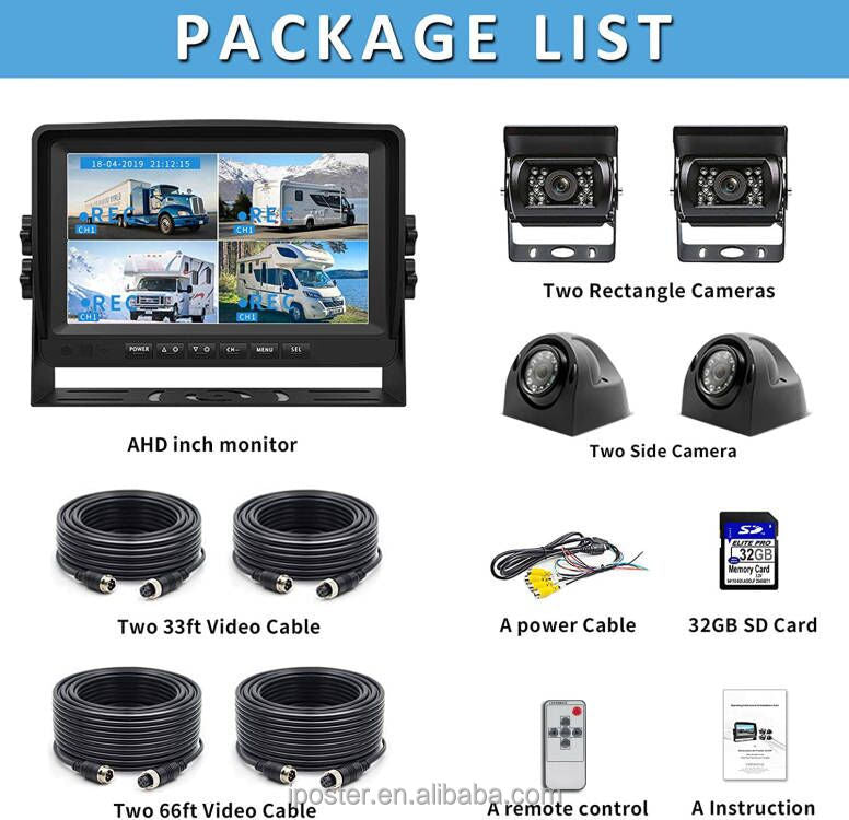 IPoster 360 Degree Viewing CCD Camera and 9in 1080P Quad Split Loop Recording Monitor IP68 9V-36V 9in IPS Monitor KIT