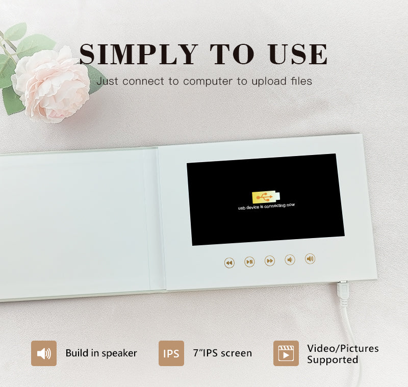 Custom OUR WEDDING GOLD FOIL 7 Inch IPS Video Book Wedding Linen Video Brochure Wedding Video Album