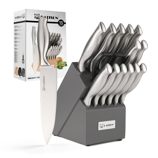 15 Pieces High Quality Chef Knife Set with Wooden Block, Non-slip Hollow Handle for Kitchen Shears