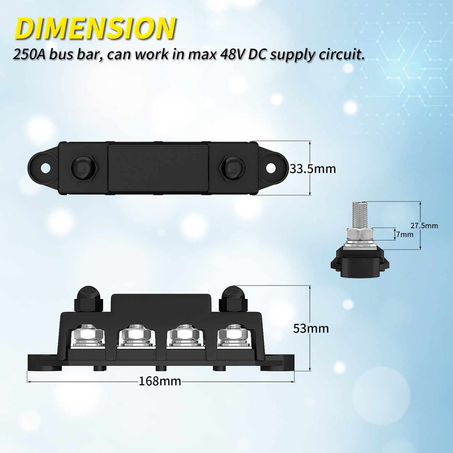 12VDC 250A Bus Bar 4xM10 Studs 3 #8 Screws Copper Terminal Block 12V Junction Block for Automotive and Solar Applications