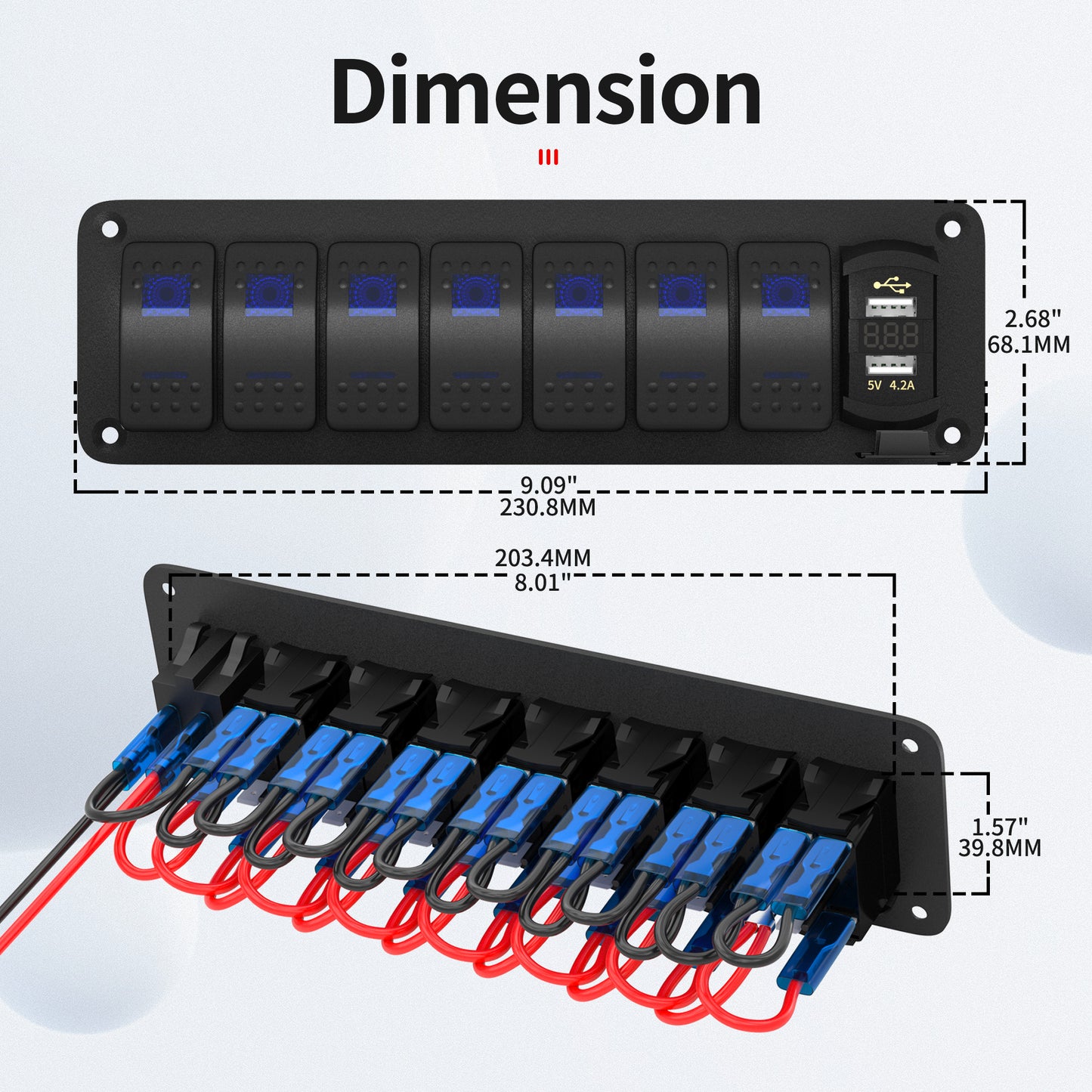 12V Blue LED ON-OFF Rocker Switches 7 Gang Marine SPST Rocker Switch Panel Waterproof Marine Boat with 4.2A USB and DIY Sticker