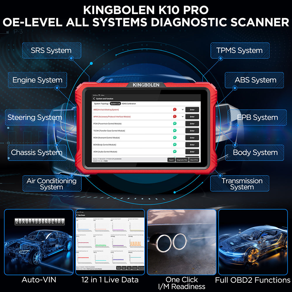 KINGBOLEN K10 PRO 10 Inch Tablet ALL System Diagnostic Tool ECU Coding Active Test 34 Reset 2 Years Free Update