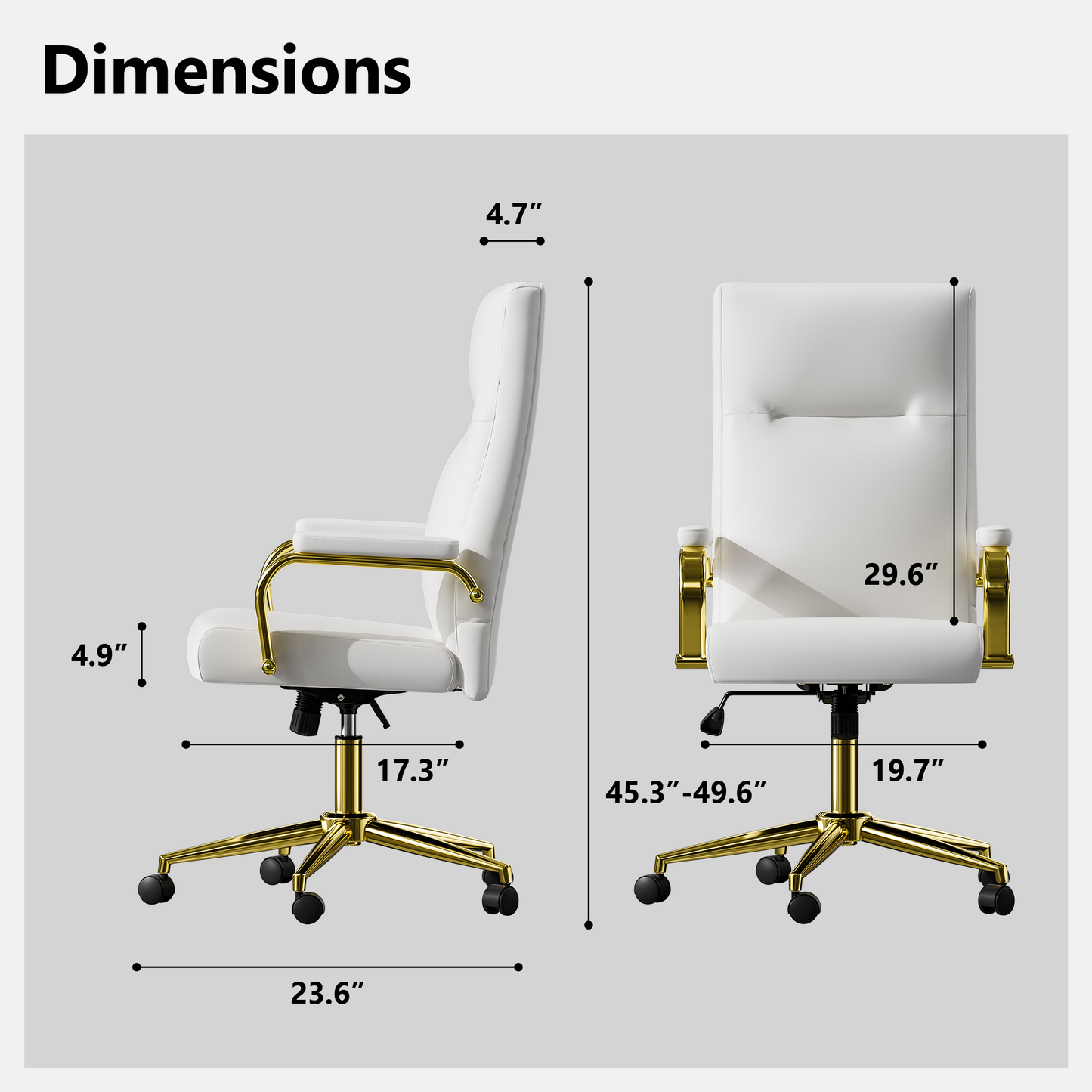 Executive Office Chair for Women and Adults White Leather High Back with Gold Arms and Wheels Excellent Back Support