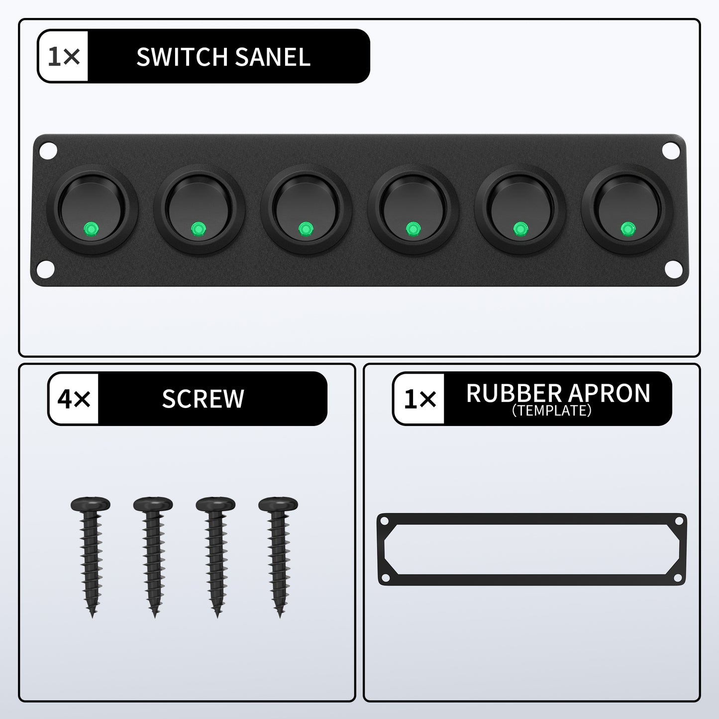 Black Aluminum 6 Gang Marine Switch Panel Waterproof 20A 3Pin on OFF Light Switch Plate Round Rocker Switch Illuminated Green