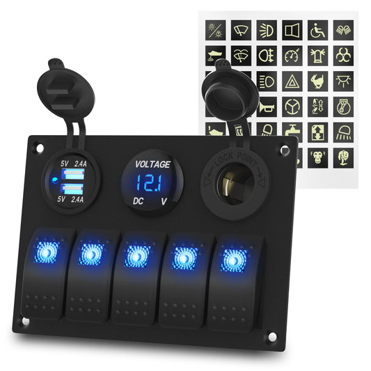 IP65 5 Gang Panel Switch Marine Electrical SPST Single Blue LED Rocker Switch Panel With  DC Socket Voltmeter 4.8A USB Charger