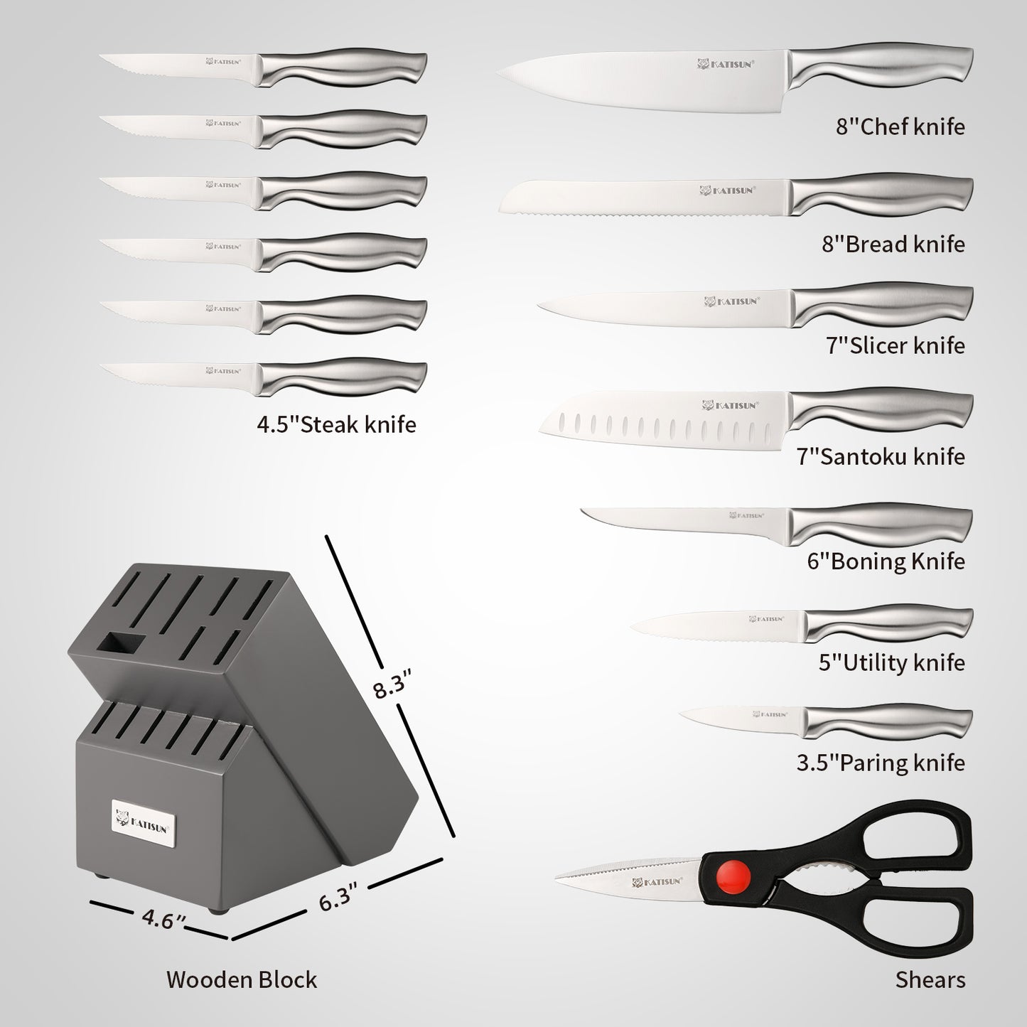 15 Pieces High Quality Chef Knife Set with Wooden Block, Non-slip Hollow Handle for Kitchen Shears