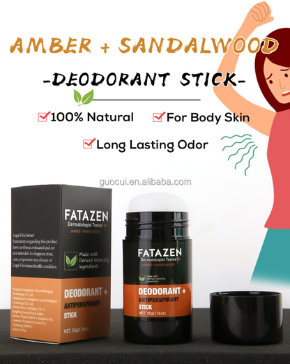 FATAZEN Dermatologist Tested Deodorant Anti-odorant Stick Natural Amber Sandalwood Fragrance Sweat Odor Balm Deodorant Stick