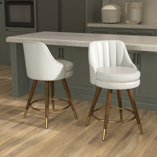 Modern Design Set of 2 24\" Leather Counter Height Bar Stools with Wooden Legs and Swivel Backs for Kitchen