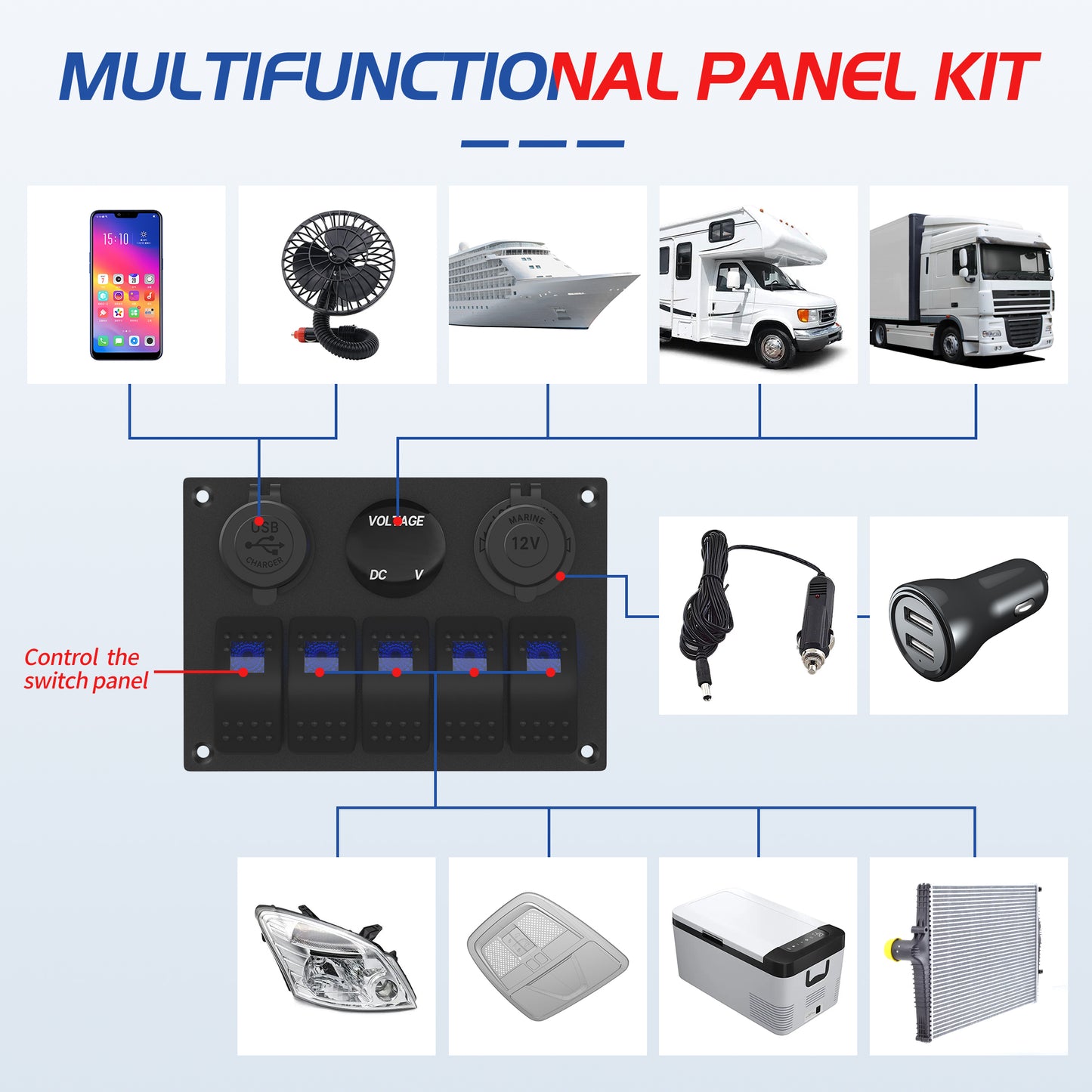 IP65 5 Gang Panel Switch Marine Electrical SPST Single Blue LED Rocker Switch Panel With  DC Socket Voltmeter 4.8A USB Charger