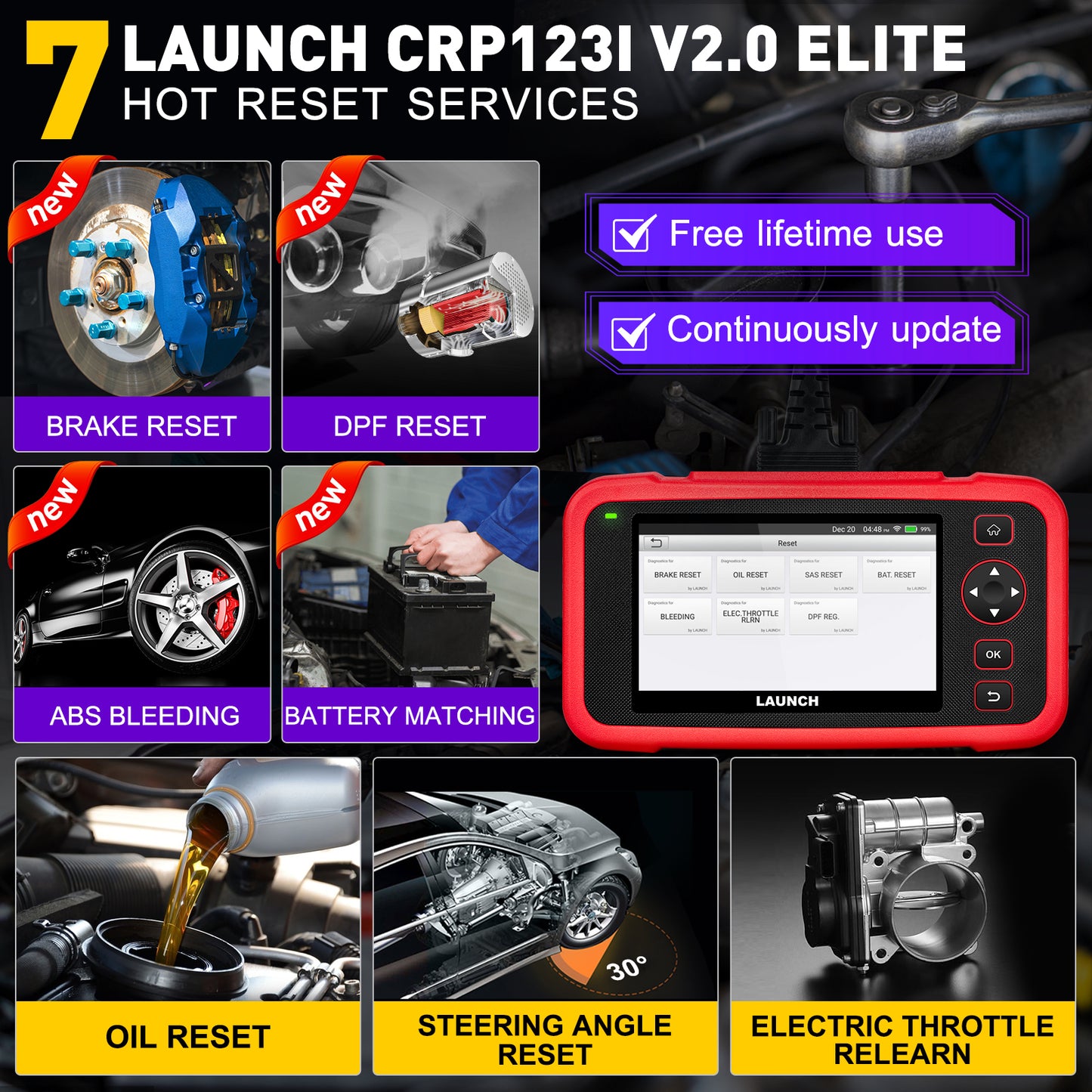 LAUNCH  CRP123I V2.0 OBD2 Scanner Four System Scan Tool With 7 Resets Lifetime Free As CRP123X