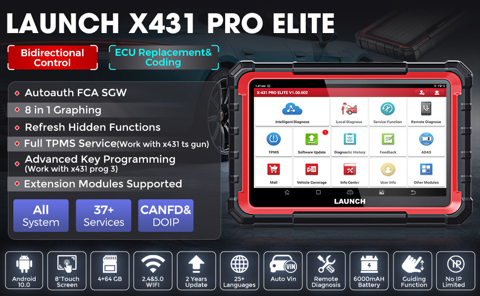 LAUNCH X431 PRO ELITE Car Full System Diagnostic Tools OBD OBD2 Scanner 32 Reset CAN FD DOIP Coding Pk X-431 V