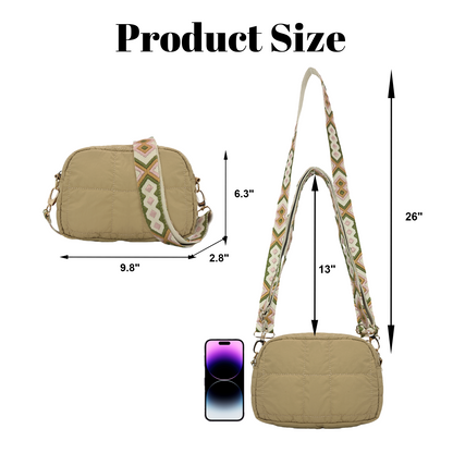 Factory Supply Quilted Nylon Lady Mobile Cross Body Sling Bag With Adjustable Jacquard Shoulder Strap