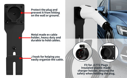 Metal Housing SAE J1772 Connector J-Hook Plug Holster Dock Wall Mount EV Charger Cable Holder Box Kit for Electric Vehicles