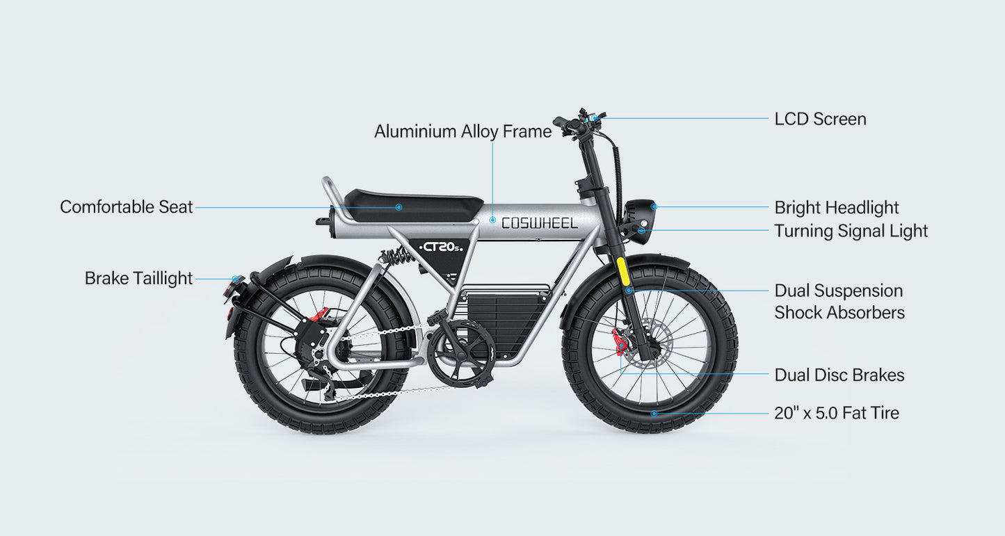 CT20S Electric Bike for Adult 2000W Motor 60V 27.5AH Removable Battery 100Miles Long Range 20x5" Fat Tire Ebike With APP Control