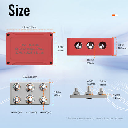 High Current RVs Car Marine Power Distribution Terminal Block 500A 48V 6 Position 4xM8 2xM10 Studs Waterproof Bus Bar Box