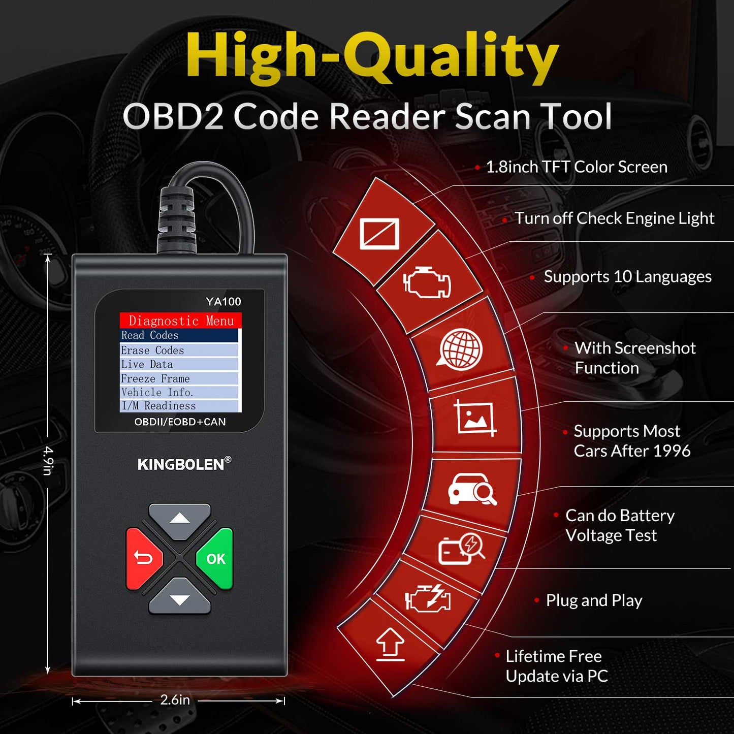 Top Seller 2025 KINGBOLEN YA100 OBD2 Scanner Car Auto Diagnostic Tools Obd Code Reader Check Engine Russian Lifetime Free