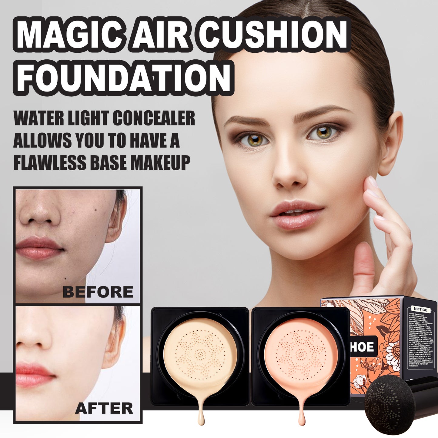 EELHOE Cushion compact BB Frost Invisible Pore Ivory White Natural Color Fit Makeup Base Mushroom Cushion