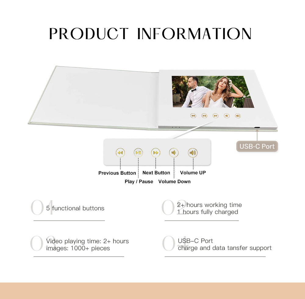 Custom OUR WEDDING GOLD FOIL 7 Inch IPS Video Book Wedding Linen Video Brochure Wedding Video Album