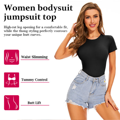 Wholesale Round Neck Short Sleeve Basic Onesie Bodysuit Fashion Black Solid T Shirt Shapewear Bodysuit Top for Women