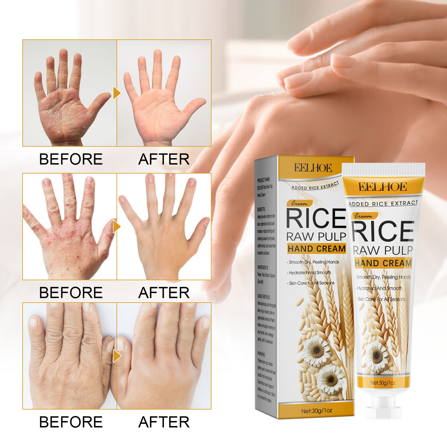 EELHOE Rice Pulp Hand Cream Moisturizing Brightening Skin Reducing Dry Roughness Itching Hand Cream