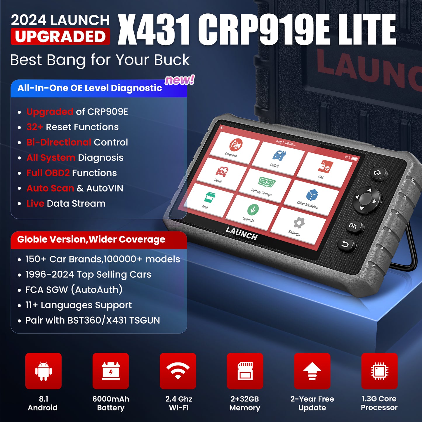 LAUNCH  CRP919E Lite Bi-Directional Scan Tool All System Automotive Diagnostic Machine Upgrade From CRP909E/909X