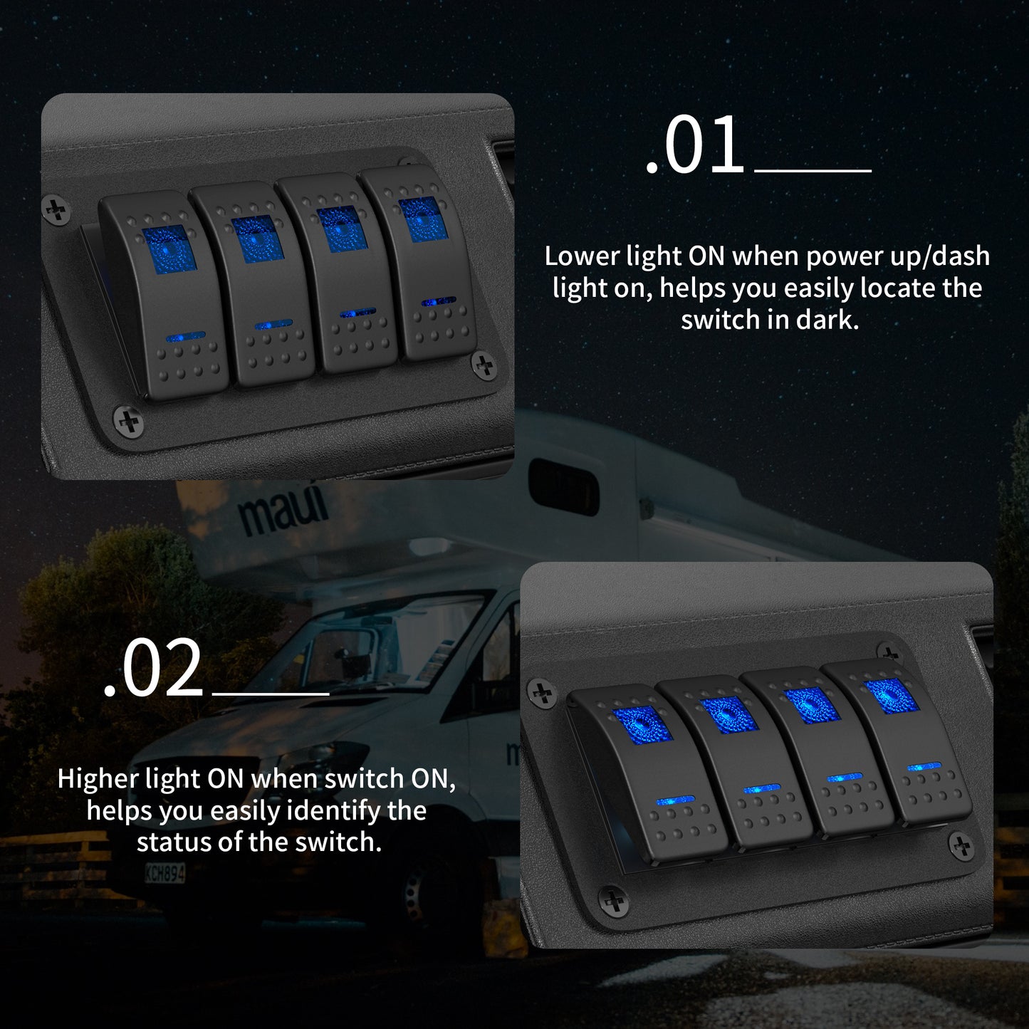 Pre-wired 12VDC 4 Gang Aluminum Marine Boat  on OFF SPST Dual Blue Car Light Waterproof Toggle Switch Panel with Stickers