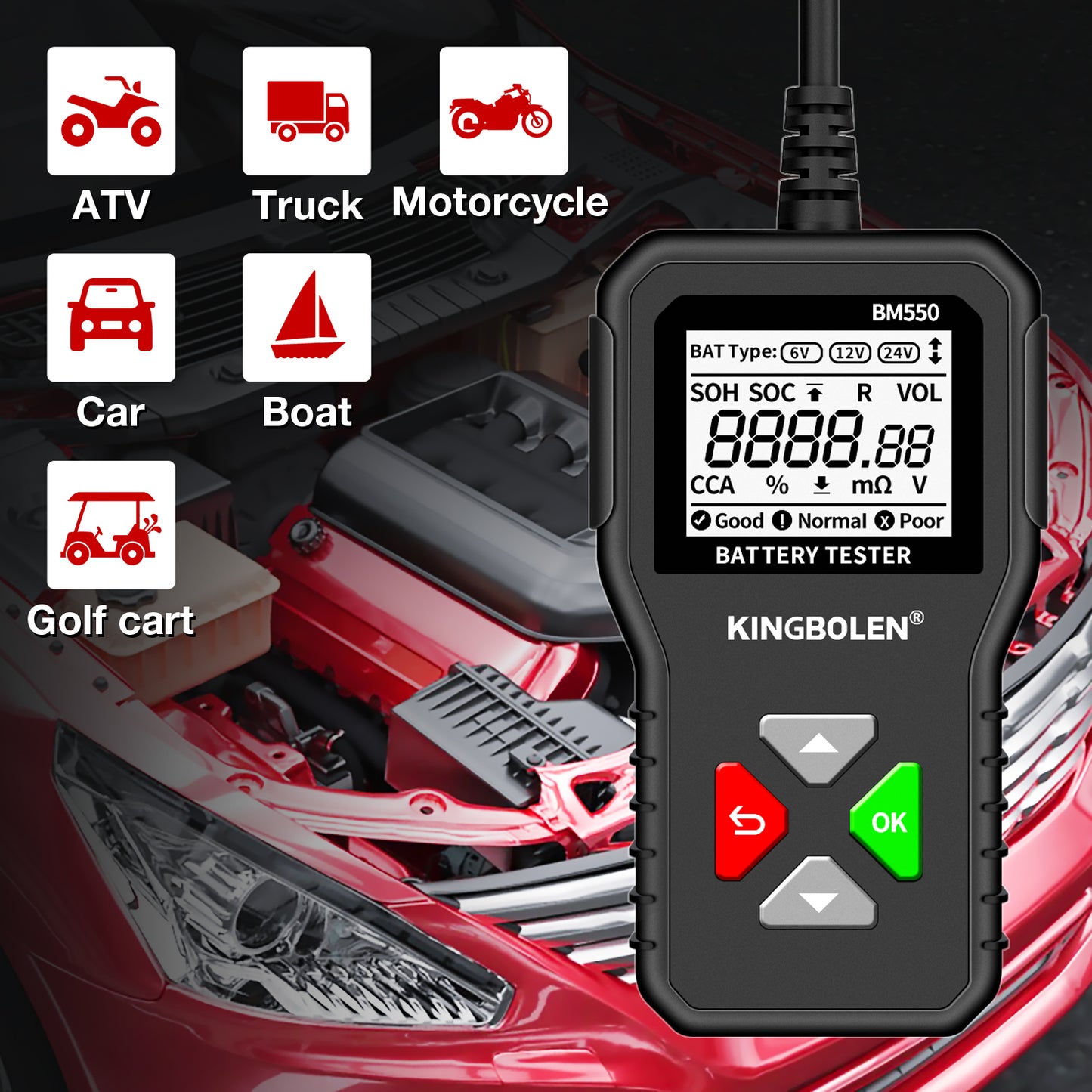 Battery Tester Tools KINGBOLEN BM550 6V 12V 24V Automotive Diagnostic Tools 100-2000 CCA Tester 2Ah-220Ah Battery Analyze