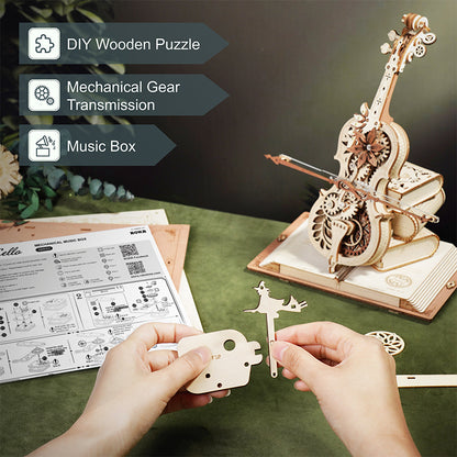 Robotime US Warehouse DIY Assemble Toys AMK63 Magic Cello Music Box Model Kits 3D Wooden Puzzle for Drop Shipping