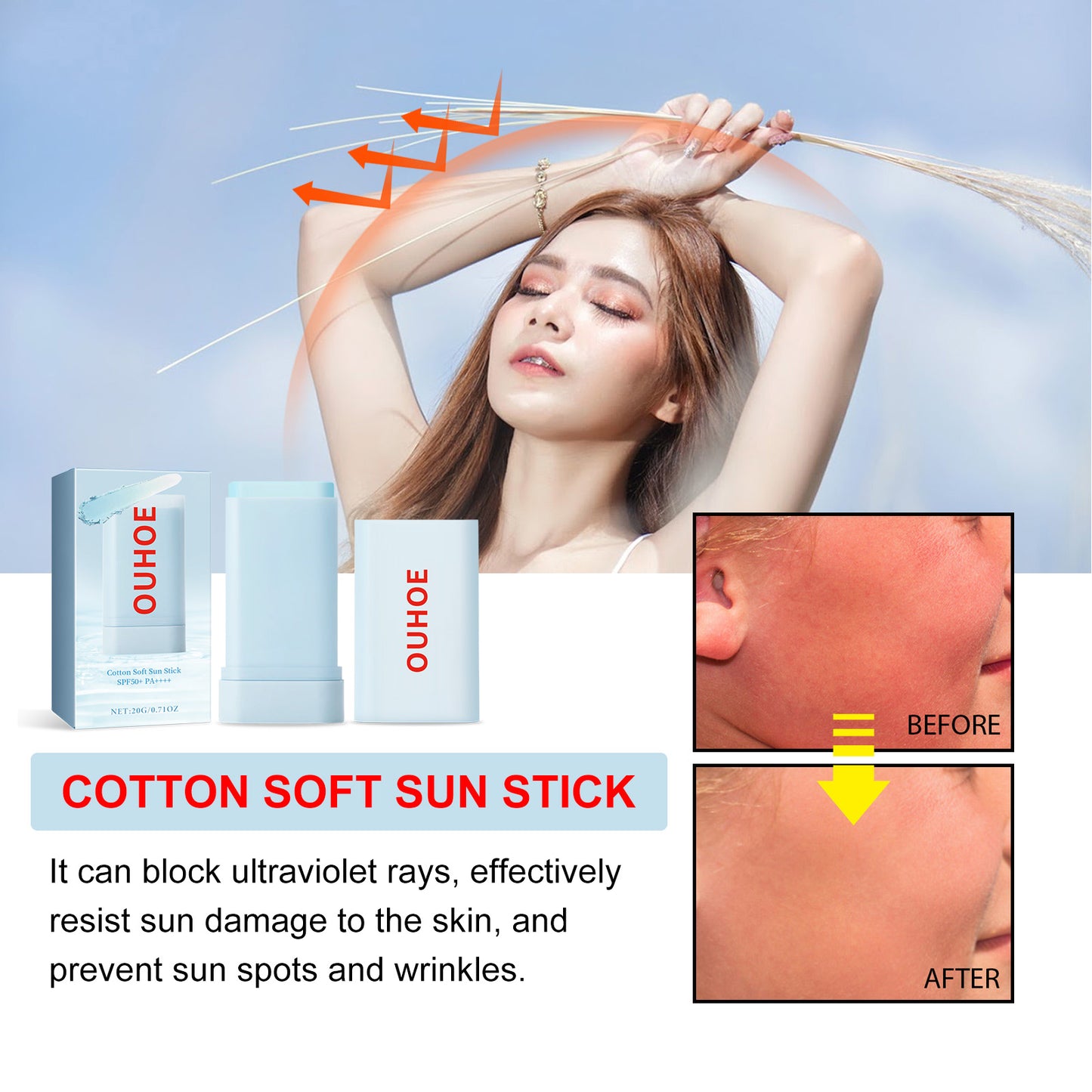 OUHOE Soft Cotton Protective Stick Summer Outdoor UV Protection Moisturizing Refreshing Non-Sticky Comfortable Skin Feel