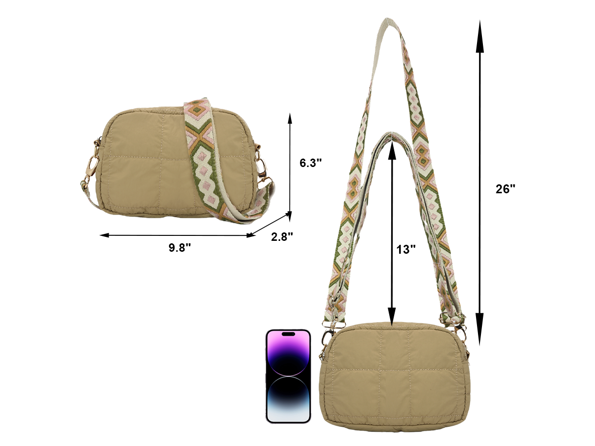 Factory Supply Quilted Nylon Lady Mobile Cross Body Sling Bag With Adjustable Jacquard Shoulder Strap