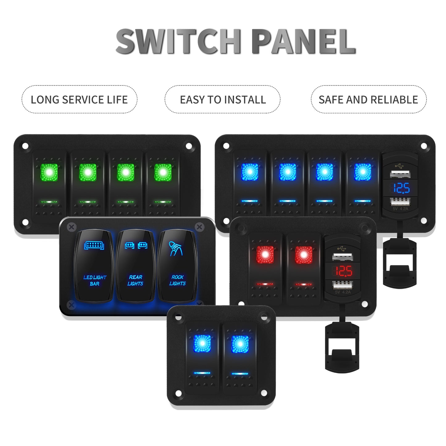 20A 6 Gang Marine Switch Panel Aluminum 5 Pin LED Rocker Switch with 12V Socket and 2-Port USB Charger and Voltmeter