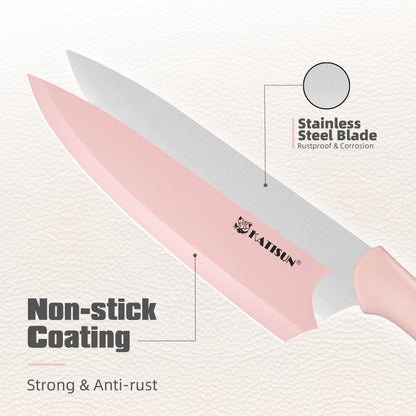 14 Pieces Pink Coding High Carbon Steel Blade, No Rust, and Super Sharp Knife Set with Wooden Stand and Kitchen Scissors