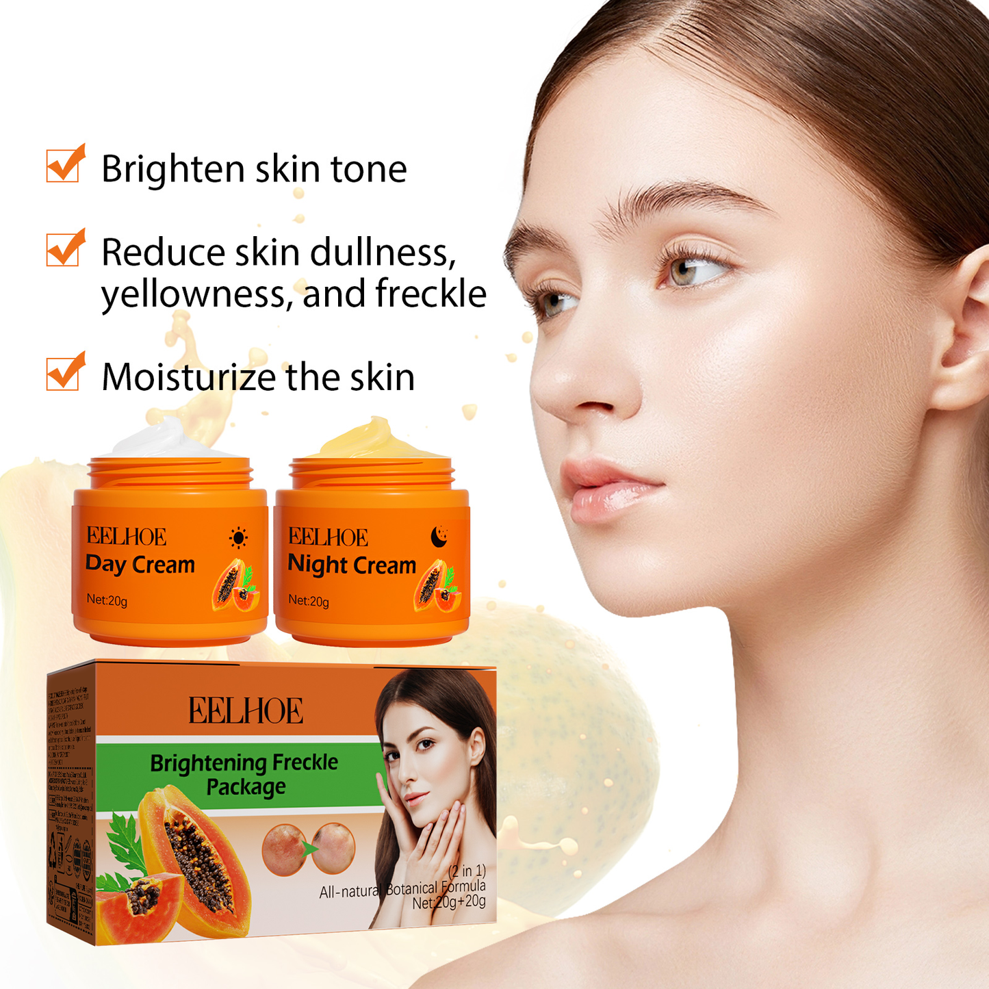 EELHOE Papaya Whitening Freckle Cream Lighten Facial Freckles, Dark Spots, Brighten and Moisturize Skin Day & Night Cream