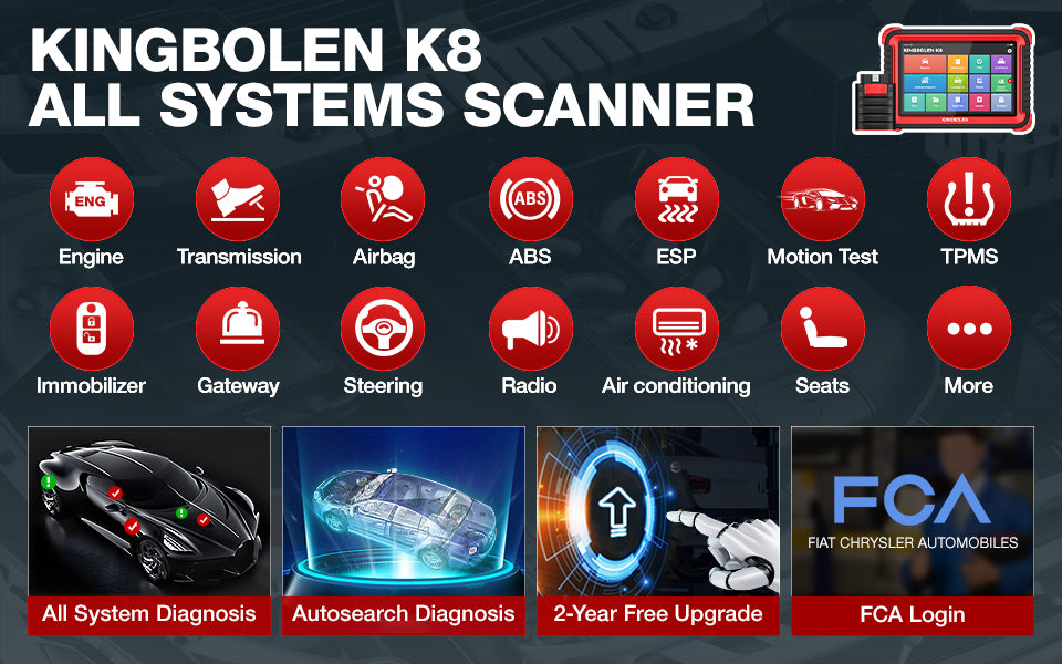 KINGBOLEN K8 Car Diagnostic Tools All System OBD2 Scanner Auto Programmer Bi-Directional 28 Reset ECU Coding TPMS Key Matching