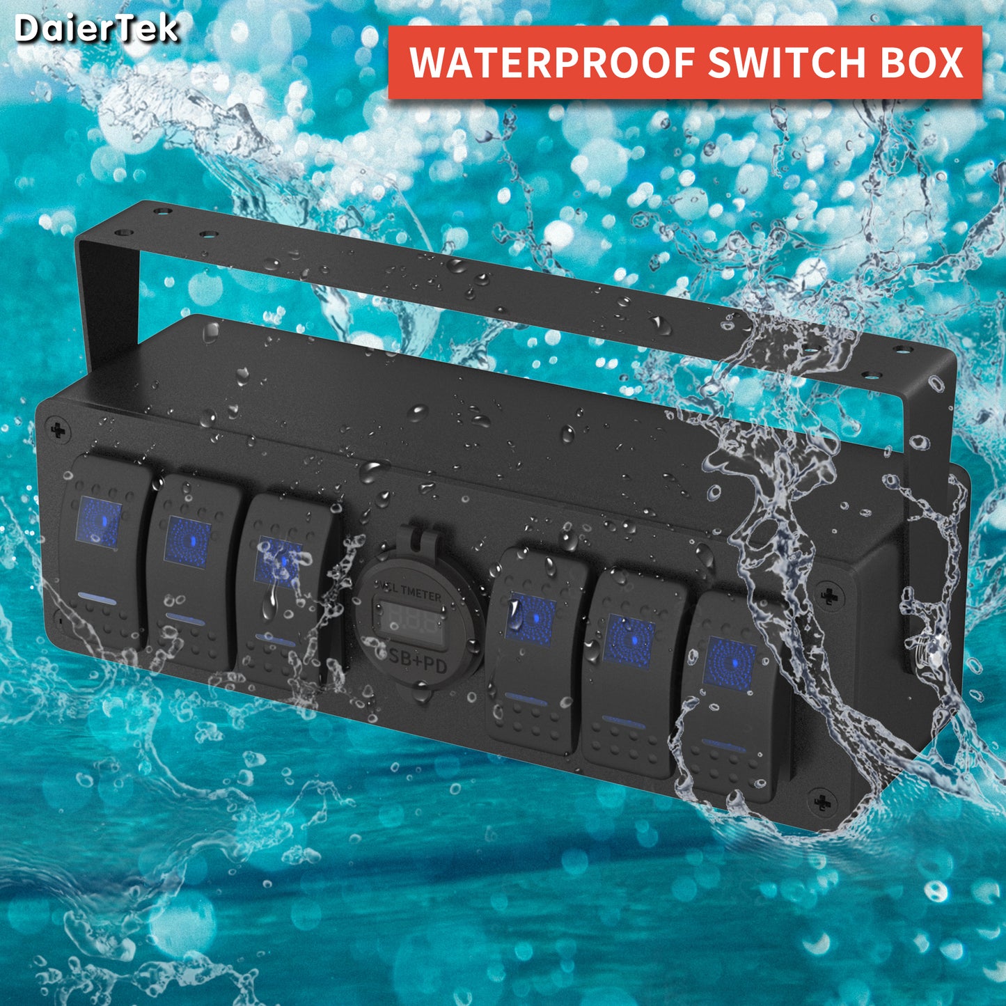 Waterproof  on OFF Dual Blue LED Pre-wired 6 Gang Aluminum Marine Rocker Switch Panel Control Box  With PD3.0 QC3.0 USB Charger