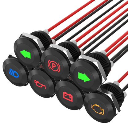 7PCS IP67 12V 24V LED Panel Waterproof Indicator Lights 12mm Sealed Black Shell Laser Metal Indicator with 26AWG 30cm Wire