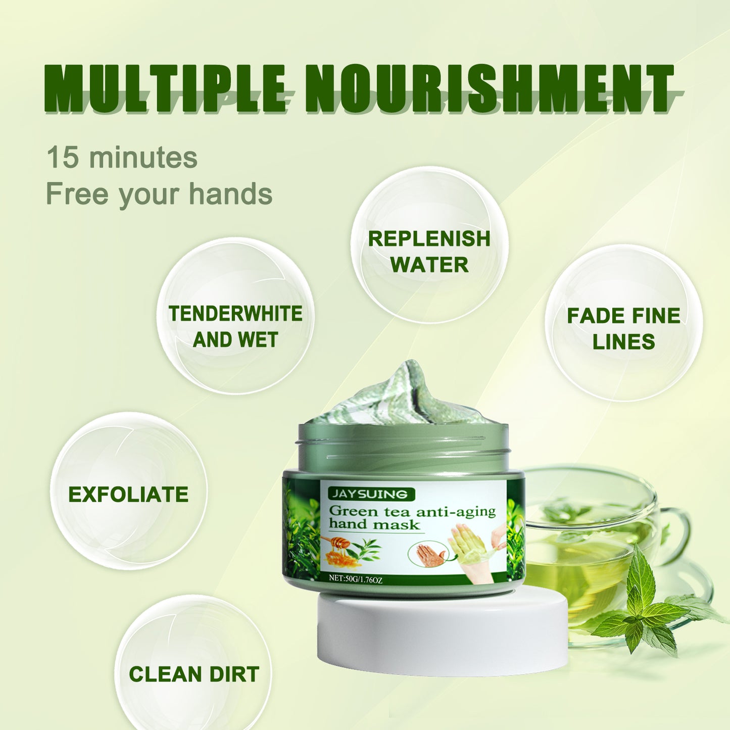 Jaysuing Green Tea Anti-Wrinkle Hand Mask Moisturizing Exfoliating Callus Repair Firming Tear-off Hand Mask