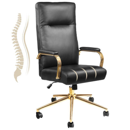 Executive Office Chair for Women and Adults White Leather High Back with Gold Arms and Wheels Excellent Back Support