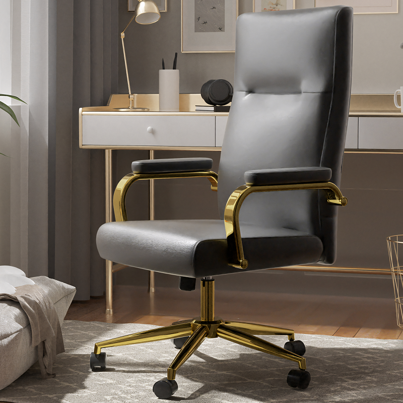 Executive Office Chair for Women and Adults White Leather High Back with Gold Arms and Wheels Excellent Back Support