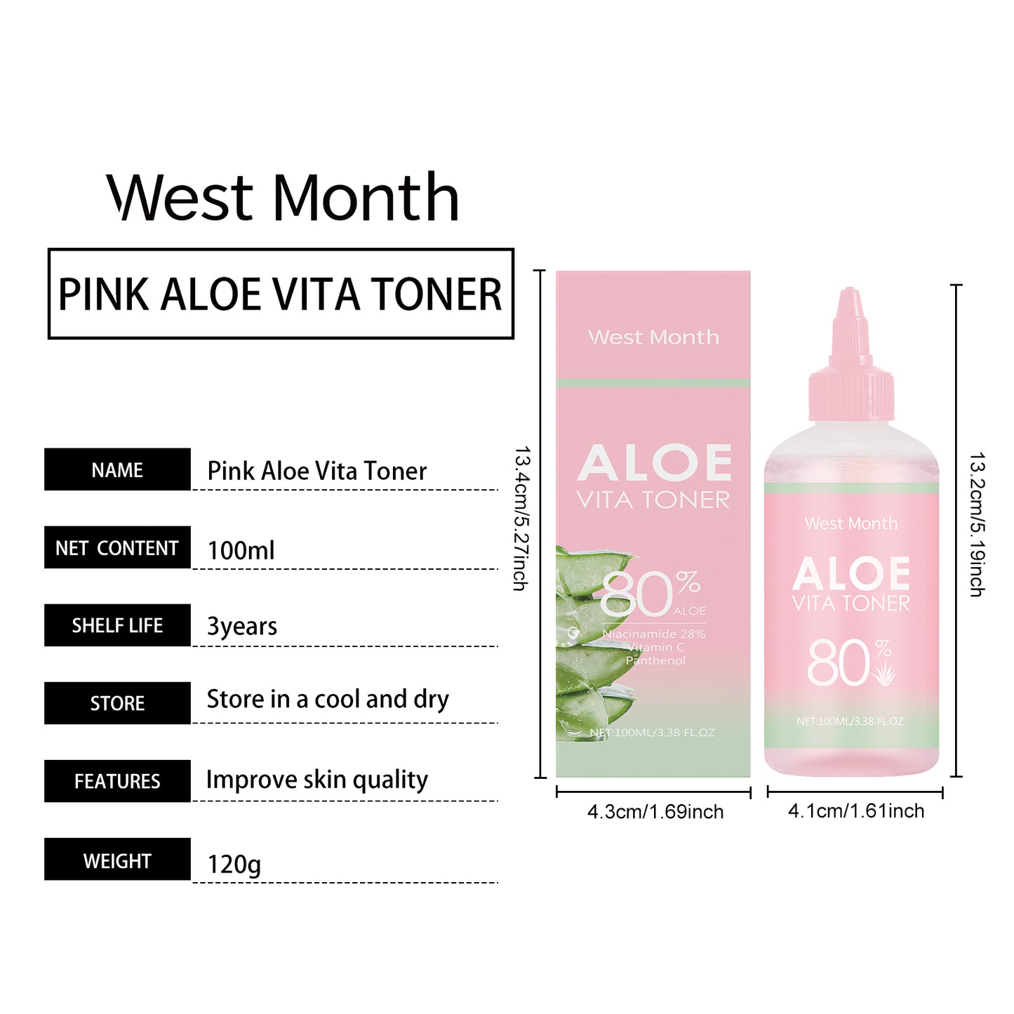 West&Month  Aloe Vera Moisturizing Water Repair Facial Skin Hydration Moisturizing Clarifying Elasticity Improvement Condition