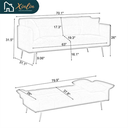 70.1\" Modern Design Futon Sofa Bed Convertible Double Extendable Armrests Free Shipping USA Warehouse Dining Bedroom Hotel Use