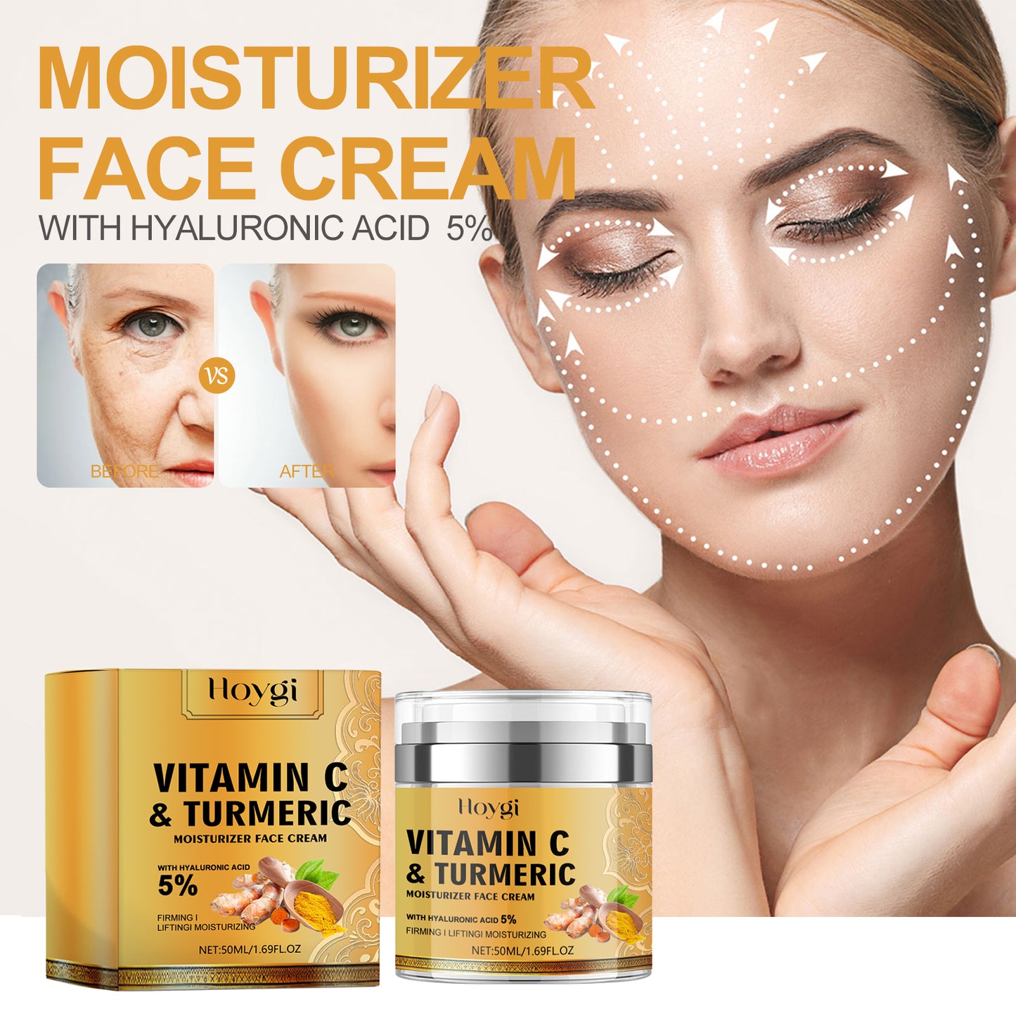 Hoygi Turmeric Collagen Face Cream Anti-Wrinkle Face Cream for Reducing Fine Lines, Brightening Skin, Firming, and Whitening Facial Skin