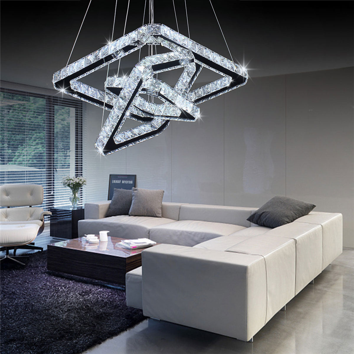 Modern Luxury White LED Square Crystal Chandelier Glass Material Hotel Bedrooms Living Dining Rooms Hanging Pendant Lights