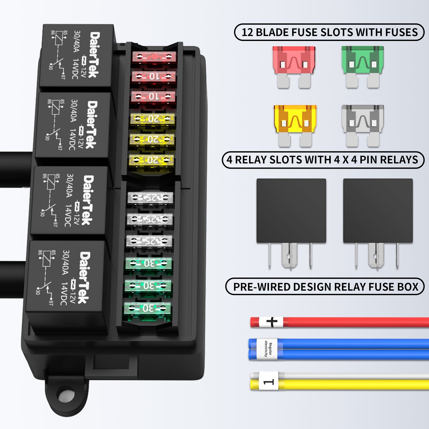 Universal 12 Way  Relay Box Block Panel Box ATC/ATO Fused 4 Pins 12V Relay Box Pre-wired for Automotive Car Marine Boat