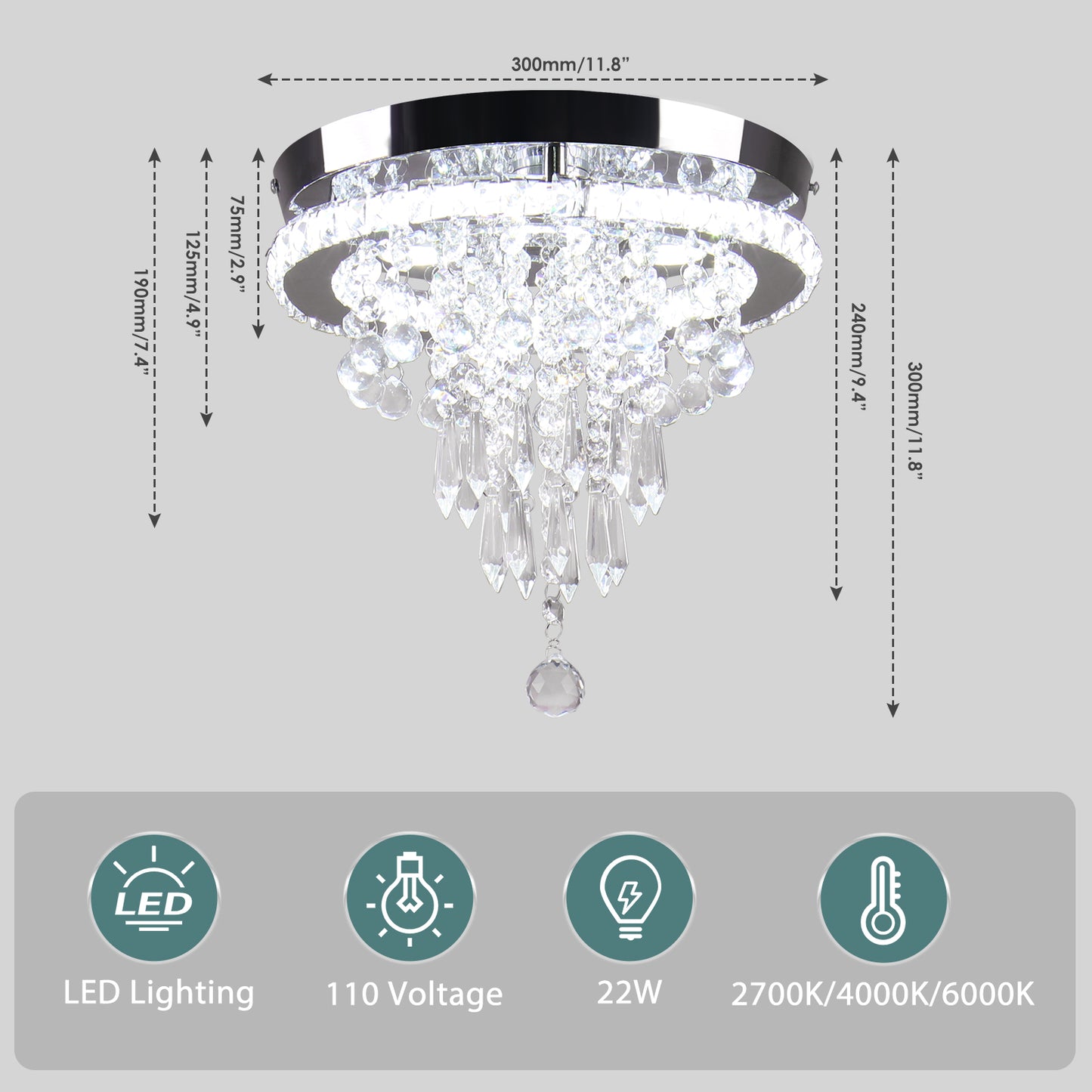 11.8 Inch LED Luxury Modern Nordic Crystal Chandelier Ceiling Light for Indoor Living Room Bedroom Decoration with Middle Size