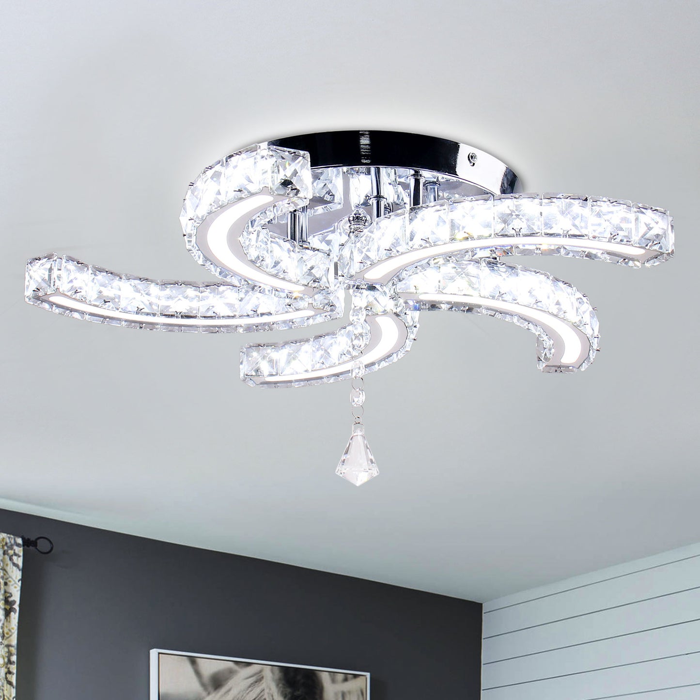 19.7" Dimmable Crystal Chandeliers Modern Crystal Ceiling Light Fixtures Acrylic 5 Arms Led Flush Mount Ceiling Light Lamp