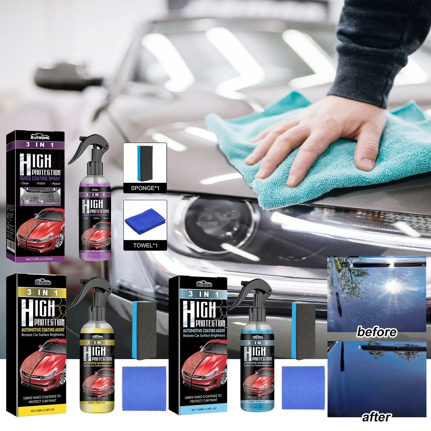 Rayhong Coating Agent Three-in-One Oil Removal Polishing Protective Repair Scratch Car Paint Cleaning Maintenance Coating